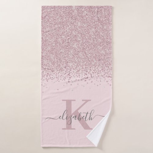 Elegant Rose Gold Glitter Script Monogrammed Blush Bath Towel