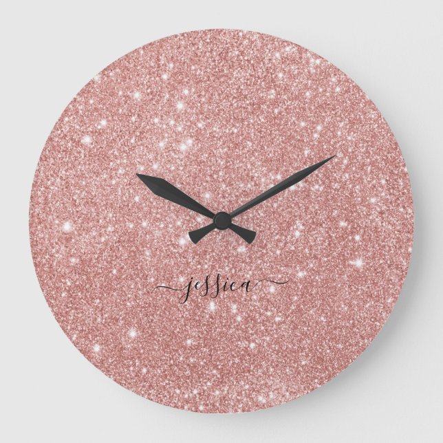 Elegant rose gold glitter script name   large clock (Front)