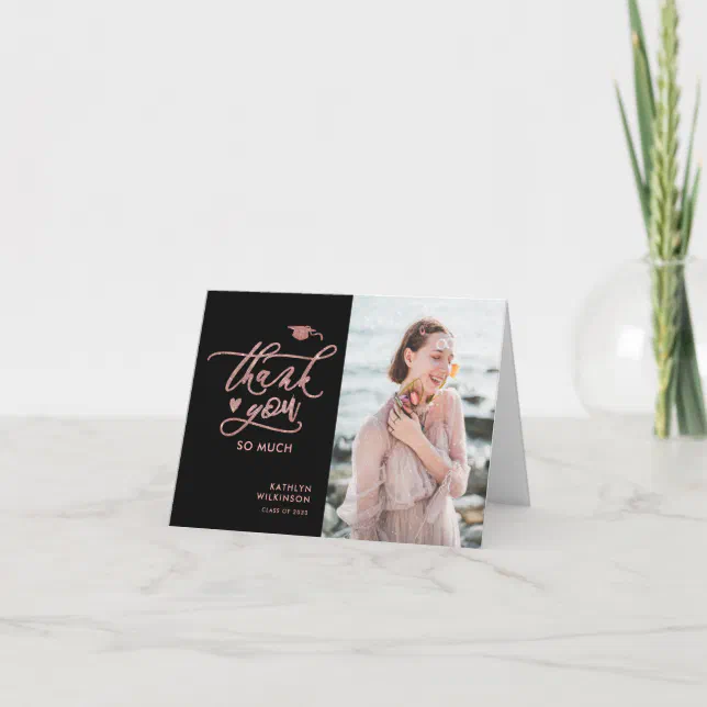 Elegant Rose Gold Glitter Script Photo Graduation Thank You Card | Zazzle