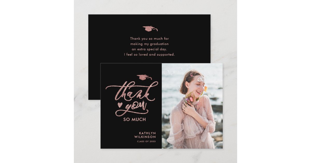 Elegant Rose Gold Glitter Script Photo Graduation Thank You Card | Zazzle