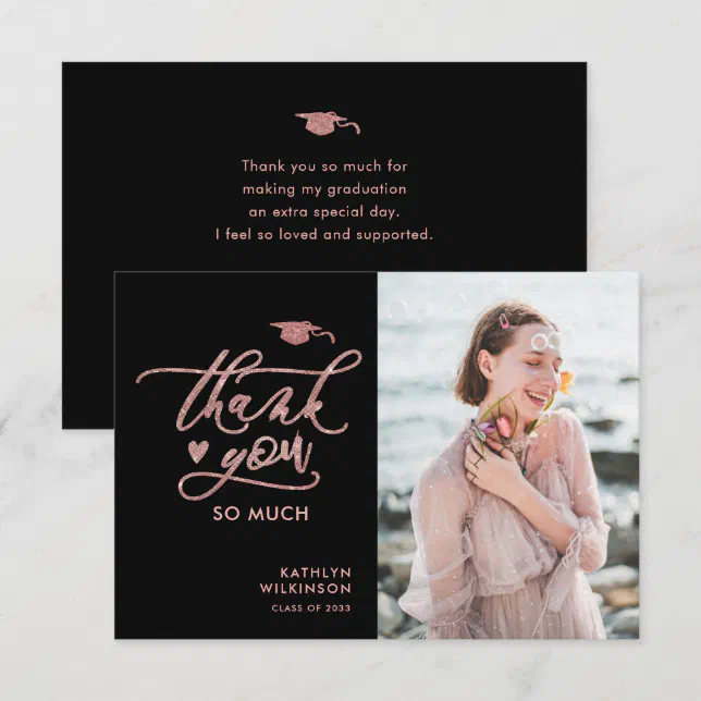 Elegant Rose Gold Glitter Script Photo Graduation Thank You Card | Zazzle