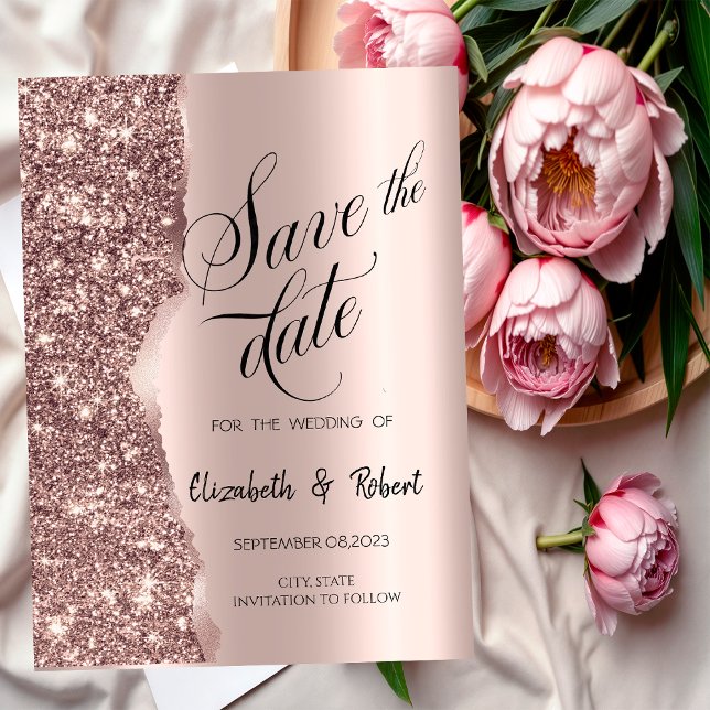Elegant Rose Gold Glitter Script Save The Date (Creator Uploaded)