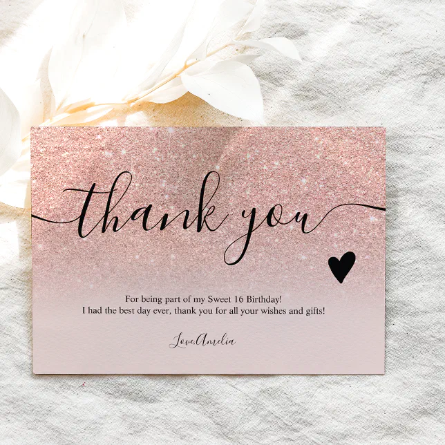 Elegant rose gold glitter script sweet 16 thank you card | Zazzle