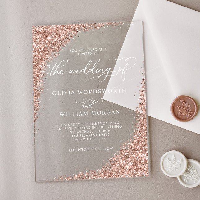 Elegant Rose Gold Glitter Script Wedding Acrylic Invitations (Creator Uploaded)
