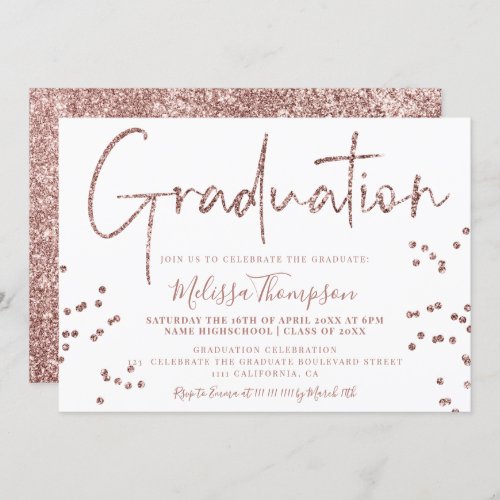 Elegant rose gold glitter script white graduation invitation