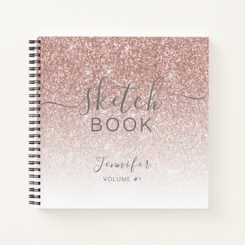 Elegant Rose Gold Glitter Sketchbook Name Script Notebook