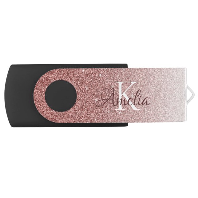 Elegant Rose Gold Glitter Sparkle Name Flash Drive (Front)