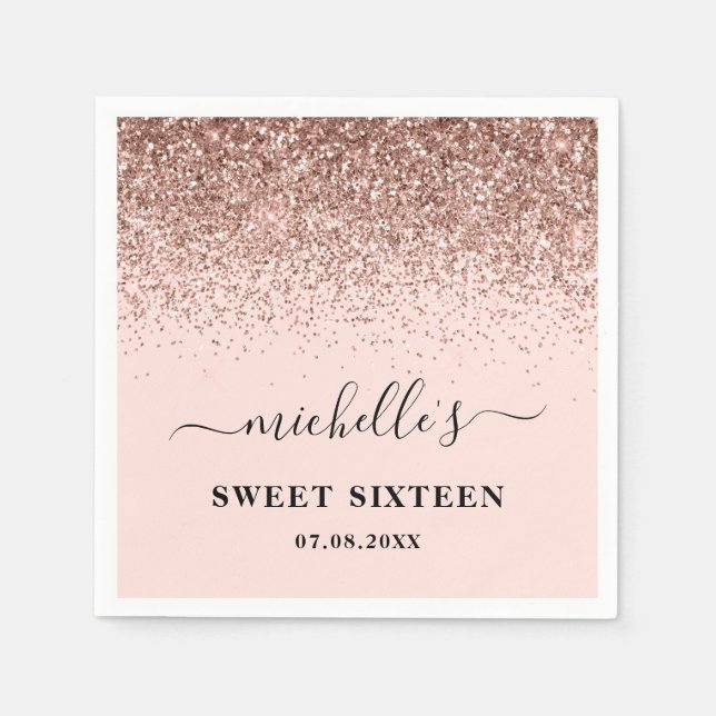 Elegant Rose Gold Glitter Sparkles Name Sweet 16 Napkins (Front)