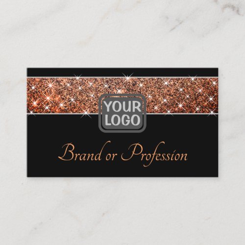 Elegant Rose Gold Glitter Sparkly Stars Logo Black Business Card
