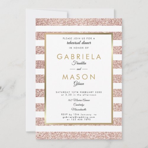 Elegant Rose Gold Glitter Stripe Rehearsal Dinner Invitation