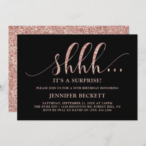 Elegant Rose Gold Glitter Surprise Birthday Party Invitation