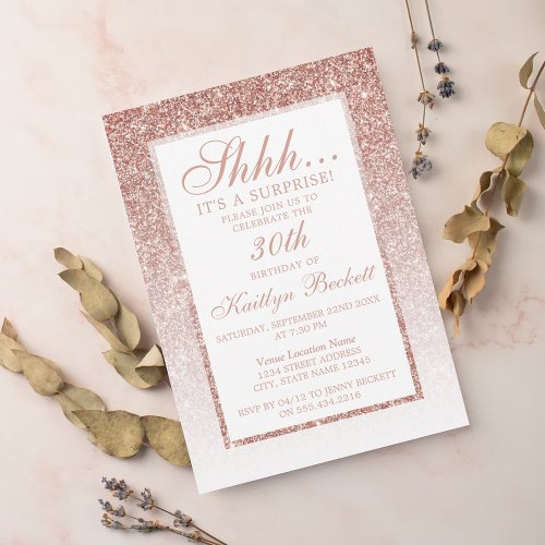 Elegant Rose Gold Glitter Surprise Birthday Party Invitation