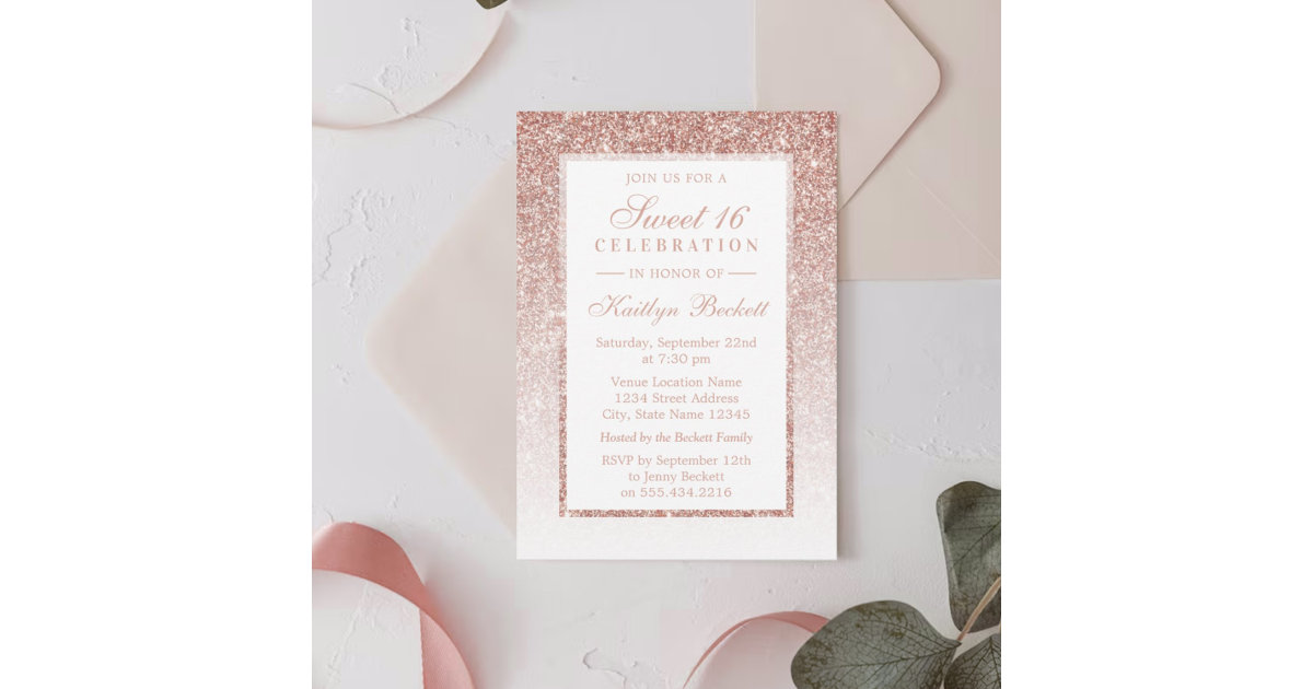 Modern rose gold glitter ombre photo Sweet 16 rsvp Tri-Fold Invitation, Zazzle