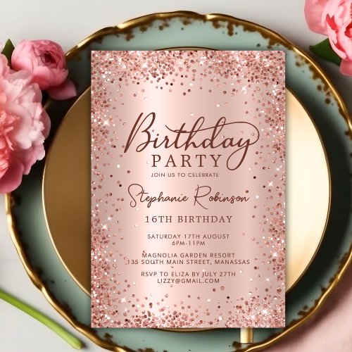 Elegant Rose Gold Glitter Sweet 16  Birthday  Invitation