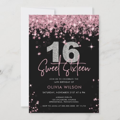 Elegant Rose Gold Glitter Sweet Sixteen Birthday Invitation