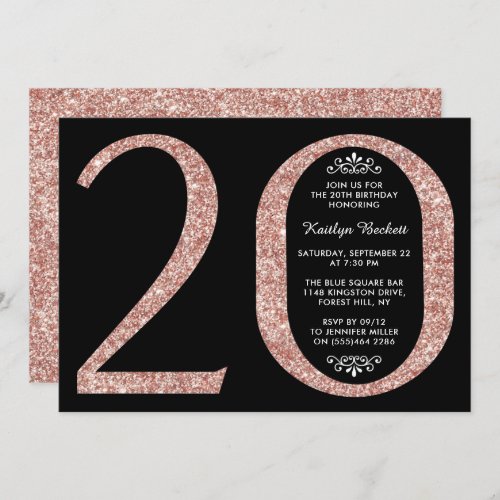 Elegant Rose Gold Glitter Typography 20th Birthday Invitation