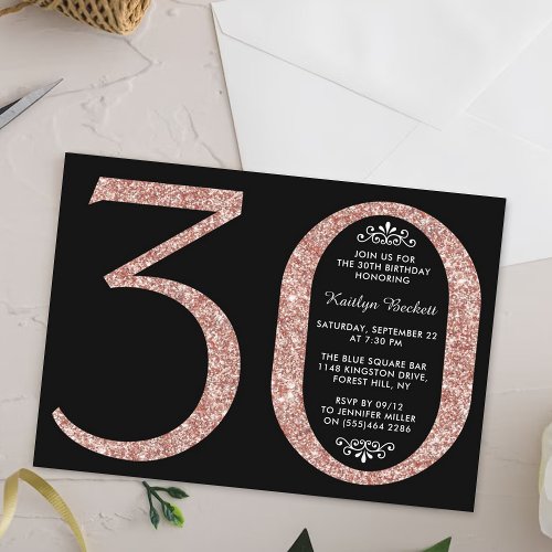 Elegant Rose Gold Glitter Typography 30th Birthday Invitation
