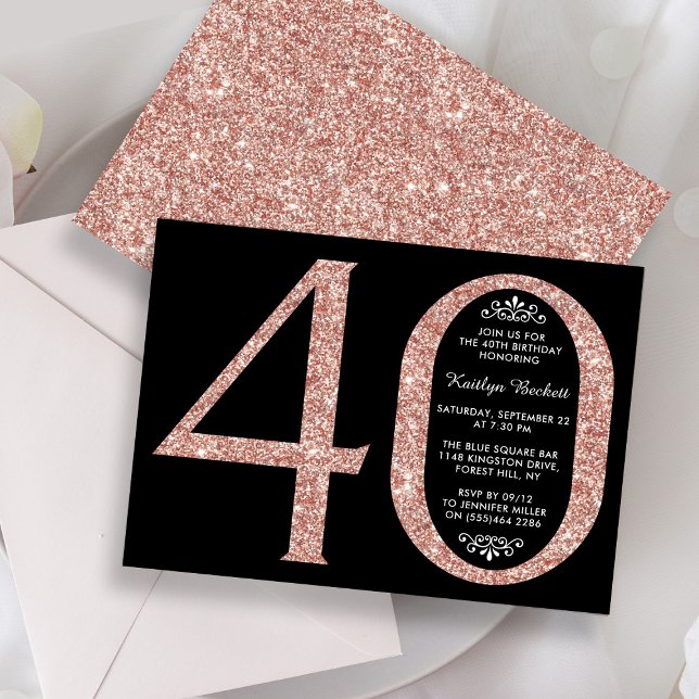 Elegant Rose Gold Glitter Typography 40th Birthday Invitation (Creator Uploaded)
