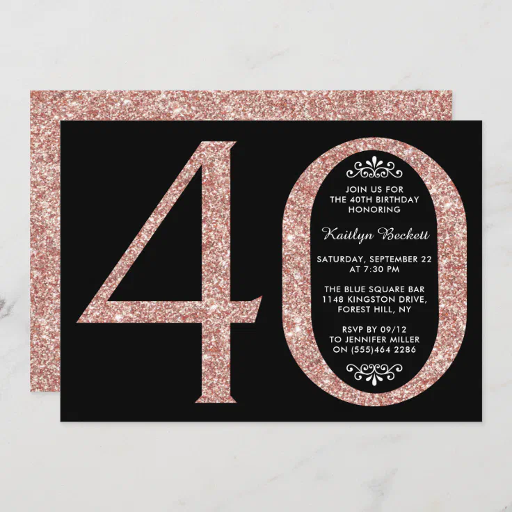 Elegant Rose Gold Glitter Typography 40th Birthday Invitation | Zazzle