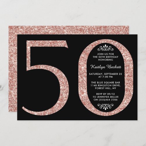 Elegant Rose Gold Glitter Typography 50th Birthday Invitation
