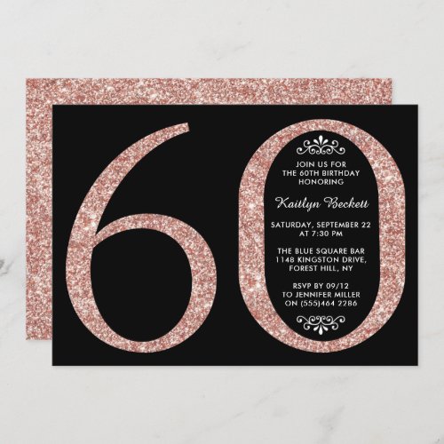 Elegant Rose Gold Glitter Typography 60th Birthday Invitation