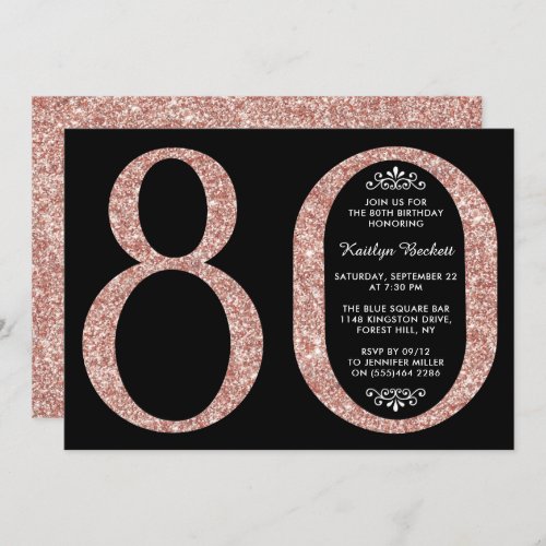 Elegant Rose Gold Glitter Typography 80th Birthday Invitation