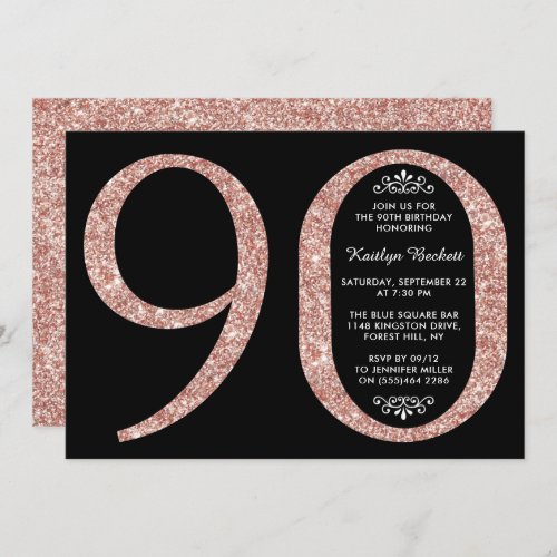 Elegant Rose Gold Glitter Typography 90th Birthday Invitation