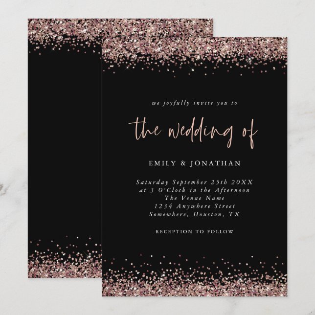 Elegant Rose Gold Glitter Wedding Black Invitation (Front/Back)