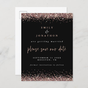 Elegant Rose Gold Glitter Wedding Black Save Date Announcement Postcard