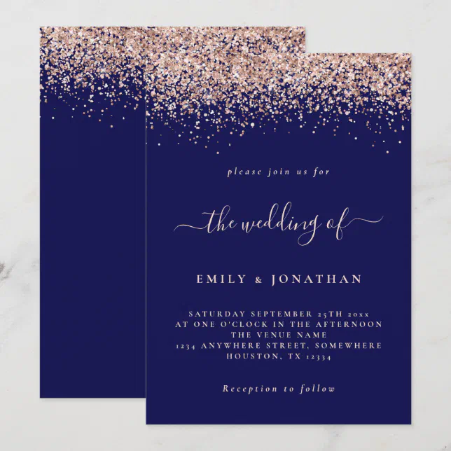 Elegant Rose Gold Glitter Wedding Navy Blue Blush Invitation | Zazzle