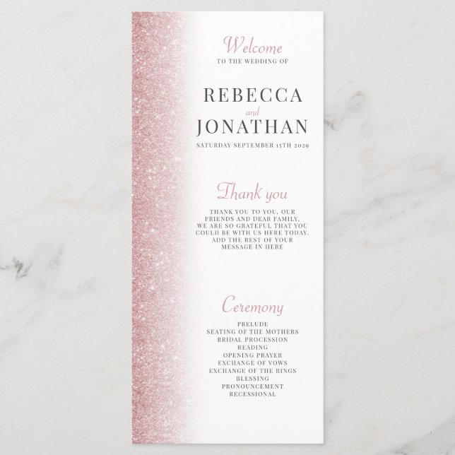 Elegant Rose Gold Glitter Wedding Program Card (Front)
