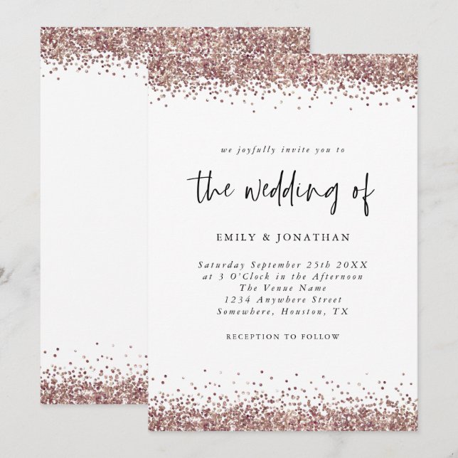 Elegant Rose Gold Glitter Wedding White Invitation (Front/Back)