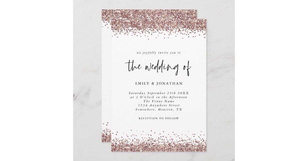 Elegant Rose Gold Glitter Wedding White Invitation | Zazzle