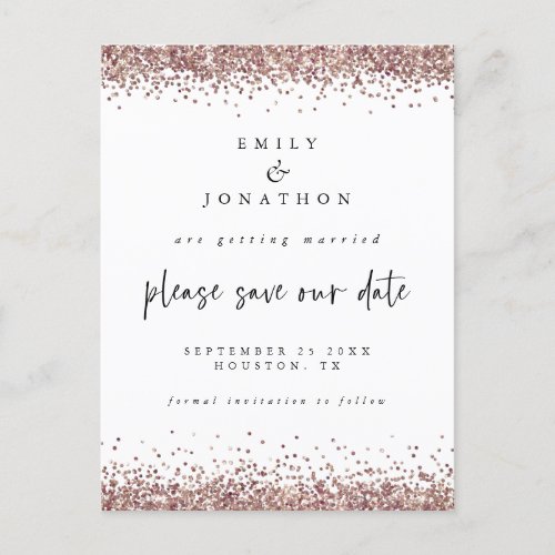 Elegant Rose Gold Glitter Wedding White Save Date  Announcement Postcard