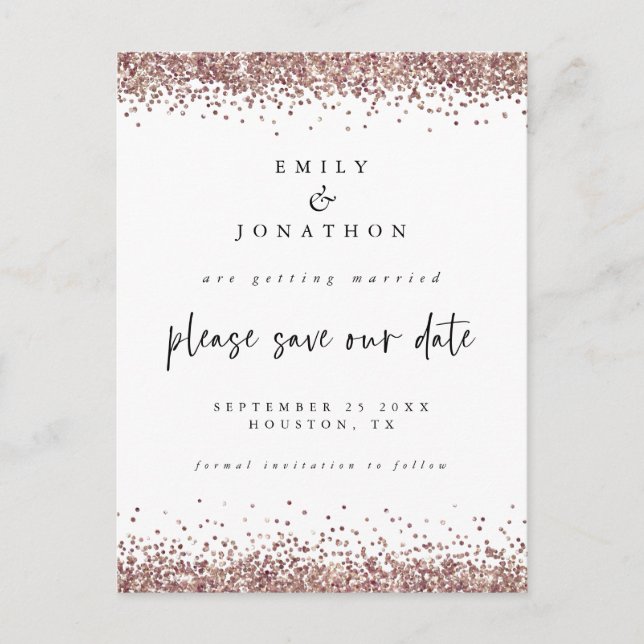 Elegant Rose Gold Glitter Wedding White Save Date  Announcement Postcard (Front)