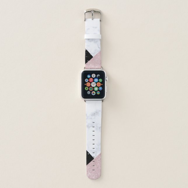 Elegant rose gold glitter white black marble apple watch band (Front)