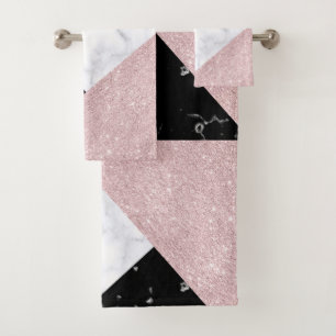 Elegant rose gold glitter white black marble bath towel set