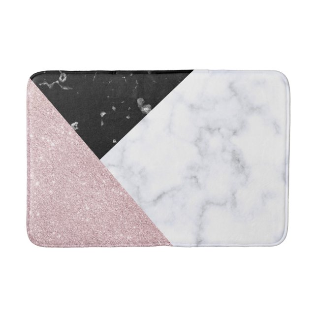 Elegant rose gold glitter white black marble bathroom mat (Front)