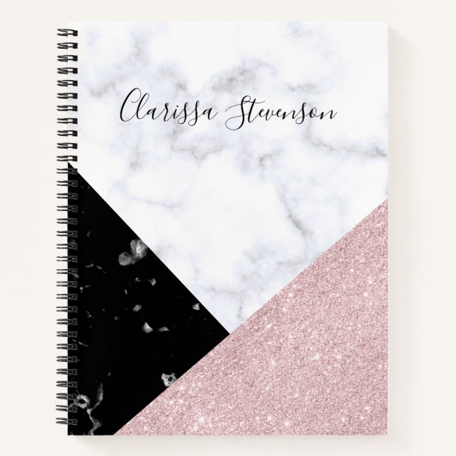 Elegant rose gold glitter white black marble notebook (Front)