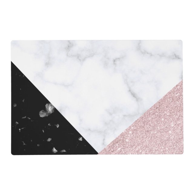 Elegant rose gold glitter white black marble placemat (Front)