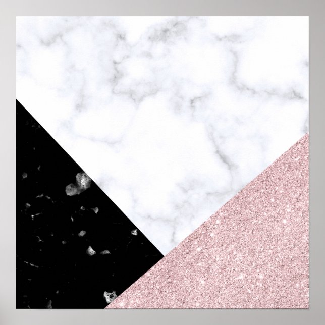 Elegant rose gold glitter white black marble poster (Front)