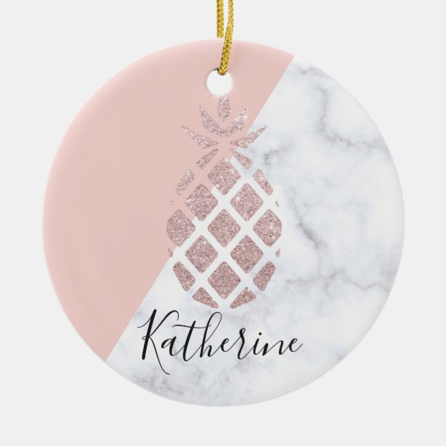 Elegant rose gold glitter white marble blush pink ceramic ornament (Front)