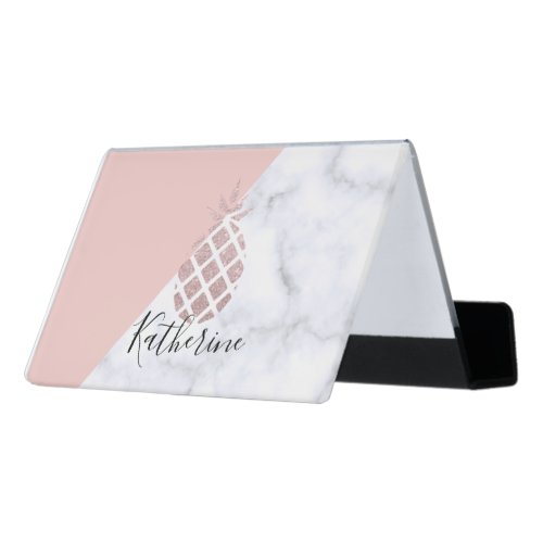 Elegant rose gold glitter white marble blush pink desk business card holder