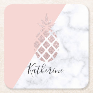 Elegant rose gold glitter white marble blush pink square paper coaster