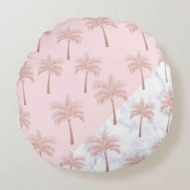 Elegant rose gold glitter & white marble pattern round pillow (Front)