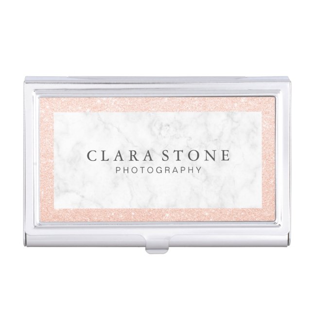 Elegant rose gold glitter white marble photography business card case (Front)