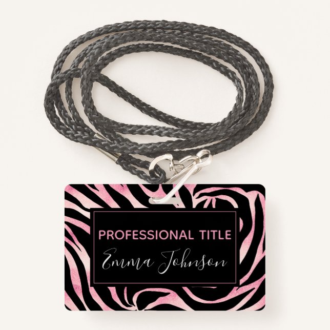 Elegant Rose Gold Glitter Zebra Black Animal Print Badge (Front with Lanyard)