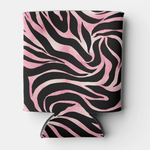 Elegant Rose Gold Glitter Zebra Black Animal Print Can Cooler