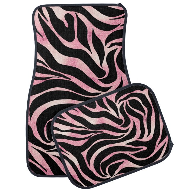 Elegant Rose Gold Glitter Zebra Black Animal Print Car Floor Mat (Set)