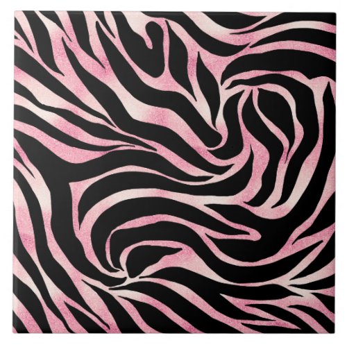 Elegant Rose Gold Glitter Zebra Black Animal Print Ceramic Tile